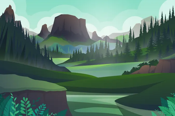 Peaceful hill and forest tree and mountains rock, Beautiful landscape  Illustration