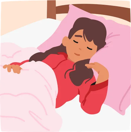Peaceful Scene Little Girl Sleeps Soundly In Her Cozy Bed In Her Bedroom Adorable Child Character Wear Pajamas Surrounded By Blankets Dreaming Sweet Dreams Cartoon People Vector Illustration Illustration
