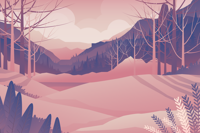 Peaceful warm sunrise over mountains, hill and forest, Beautiful landscape,  Illustration