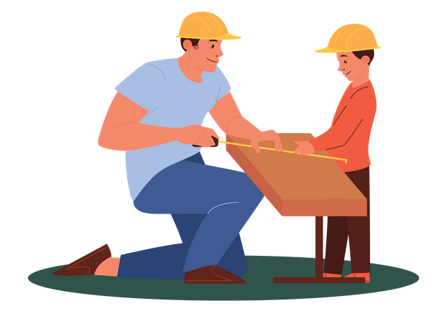 Pai e filho medindo pedaço de madeira  Ilustração