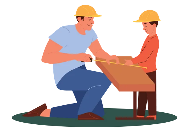 Pai e filho medindo pedaço de madeira  Ilustração