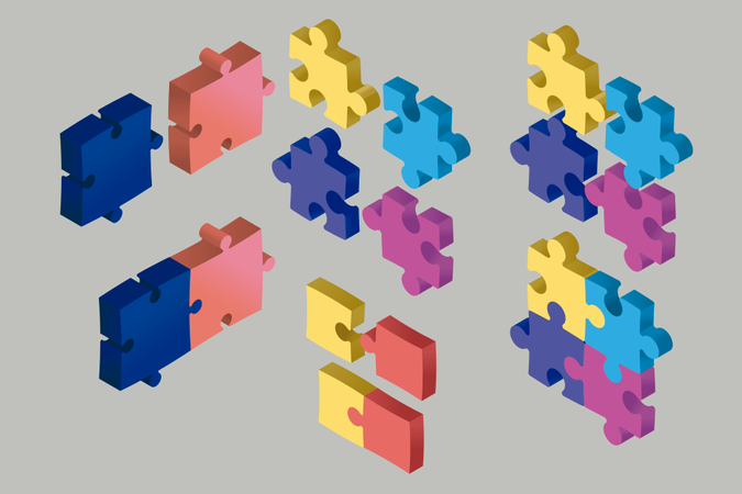 Peças de quebra-cabeça isométricas flutuando no ar: conceito de cooperação e solução  Ilustração
