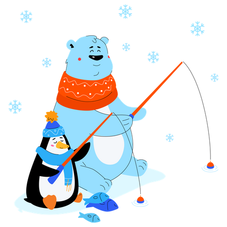 Pêche sur glace à l'ours polaire et aux pingouins  Illustration