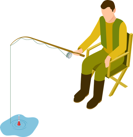 Pêcheur assis sur une chaise pendant la pêche  Illustration