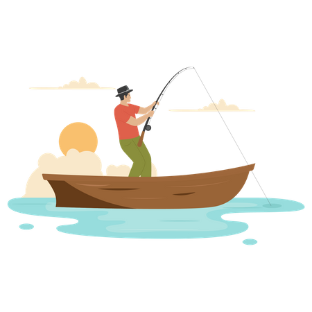 Pêcheur dans un bateau  Illustration