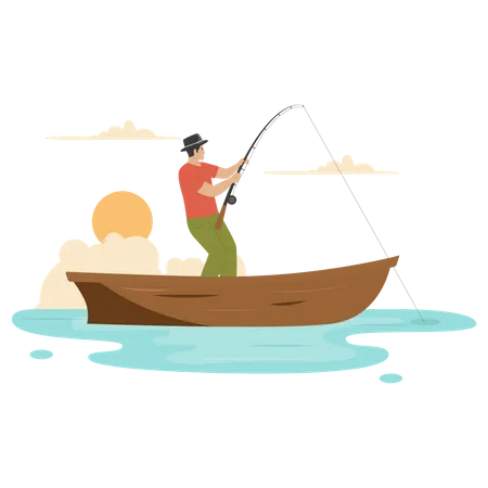 Pêcheur dans un bateau  Illustration