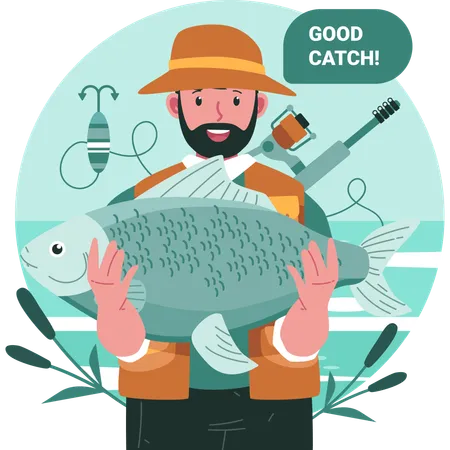 Pêcheur debout avec du poisson à la main  Illustration