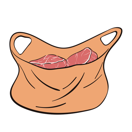 Pedaços de carne vermelha em saco plástico  Ilustração