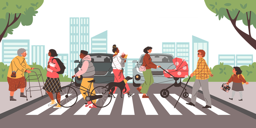 Pedestres atravessando rua zebra  Ilustração