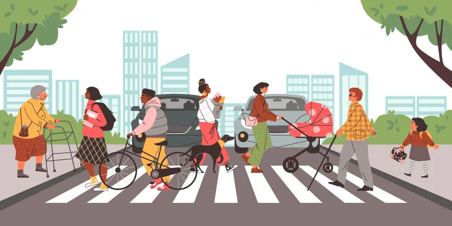 Pedestres atravessando rua zebra  Ilustração