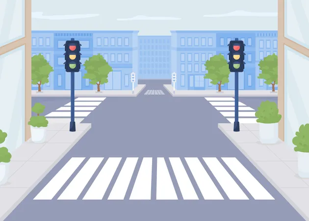 Pedestrian Crossing Flat Color Vector Illustration Modern Urban Lifestyle Public Area Optimal Location For Pedestrians Crosswalk 2 D Simple Cartoon Cityscape With Buildings On Background Illustration
