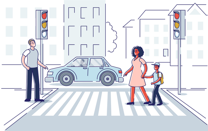 Pedestrian crossing road on crosswalk with street lights Illustration