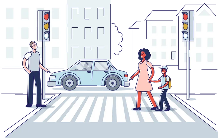 Pedestrian crossing road on crosswalk with street lights Illustration