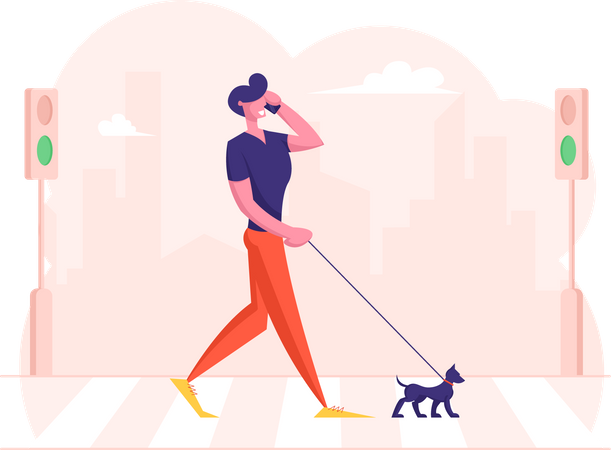 Pedestrian passing road while talking on mobile  Illustration