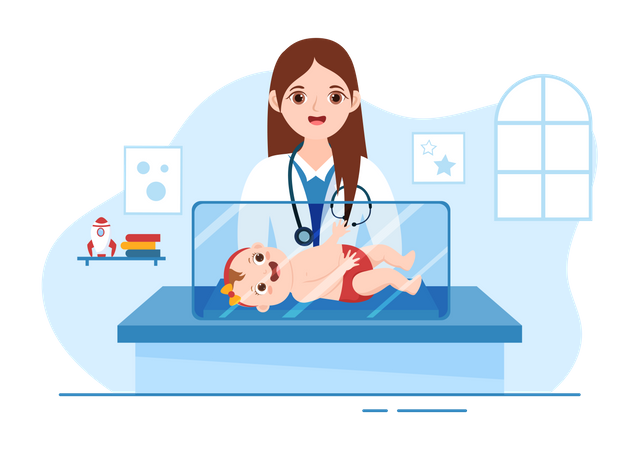 Pediatra examina a niños enfermos  Ilustración