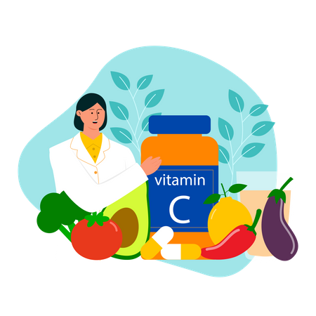 Médico nutricionista explicando sobre alimentos que contêm vitamina c  Ilustração