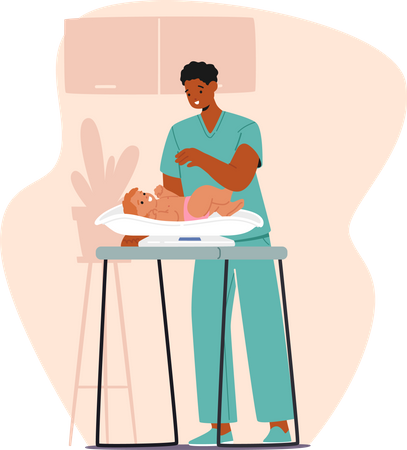 Pediatra pesa bebê para acompanhar o crescimento  Ilustração
