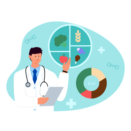 Médico nutricionista explicando dieta e plano de nutrição saudável em diagramas  Ilustração