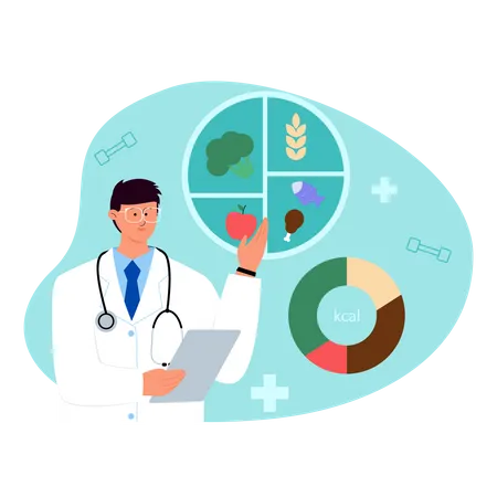 Médico nutricionista explicando dieta e plano de nutrição saudável em diagramas  Ilustração