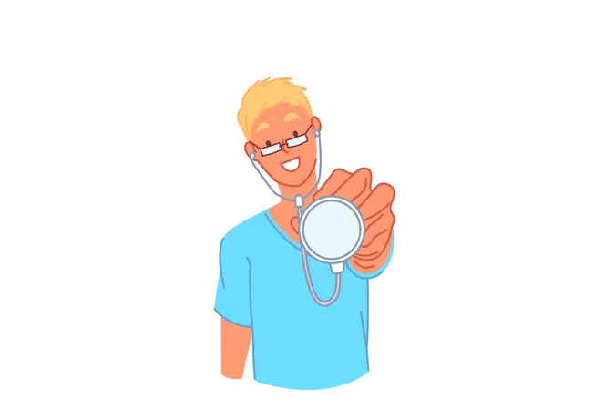 Doctor Pediatrician Therapist Medicine Concept Smiling Young Man With Phonendoscope Physician Holding Medical Device Outpatient Hospital Intern Medical Student Simple Flat Vector Illustration