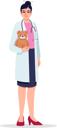 Pediatrician Semi Flat RGB Color Vector Illustration Children Care Doctor Medical Staff Young Chinese Woman Working As Pediatrician Isolated Cartoon Character On White Background Illustration
