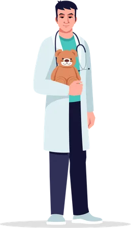 Pediatrician Semi Flat RGB Color Vector Illustration Children Care Doctor Hospital Personnel Young Chinese Man Working As Pediatrician Isolated Cartoon Character On White Background Illustration