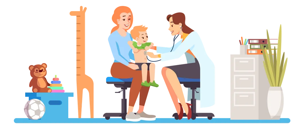 Pediatrician Checking Baby Flat Vector Illustration Doctor Mother Child Isolated Cartoon Characters On White Background Happy Kid At Hospital Regular Check Exam Childcare Medical Cabinet Illustration