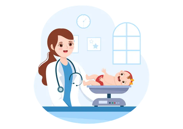 Pediatrician Examines Sick Kids And Baby For Medical Development Vaccination And Treatment In Flat Cartoon Hand Drawn Templates Illustration Illustration