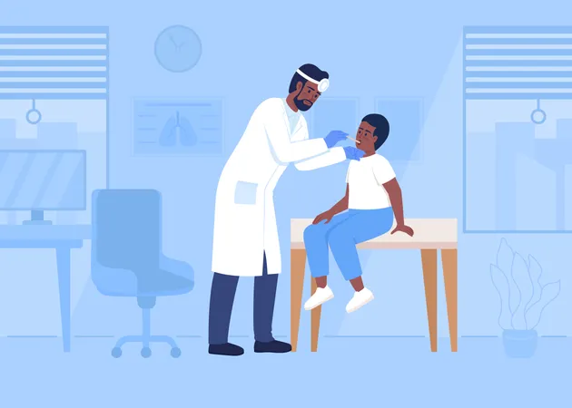 Pediatrician checking sore throat of little boy  Illustration