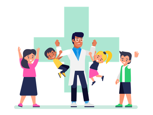 Pediatrician doctor and happy healthy kids  Illustration