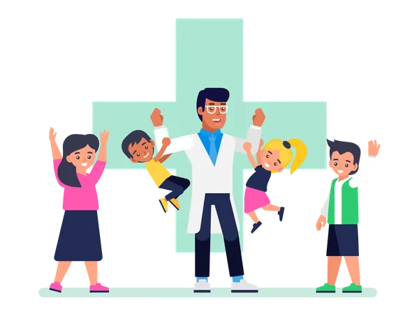 Pediatrician Doctor And Happy Healthy Kids Childrens Healthcare Vector Concept Pediatrician Medical Doctor And Children Vector Flat Illustration Illustration