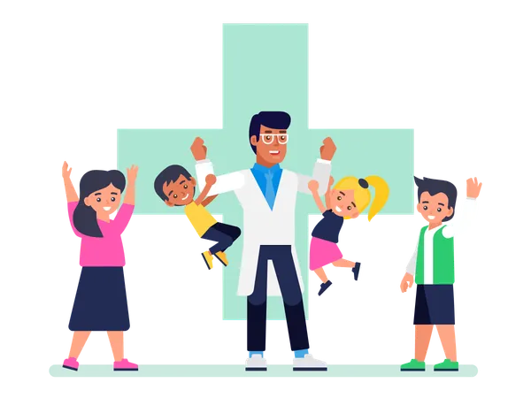 Pediatrician doctor and happy healthy kids  Illustration