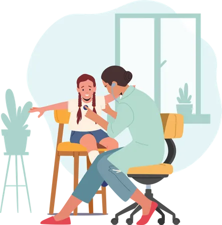 Checkup At The Children Doctor Pediatrician Character Examines Sick Girl With Stethoscope Child Health Check Up At Pediatrician Or Otolaryngologist Office Cartoon People Vector Illustration Illustration
