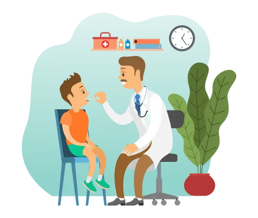 Pediatrician Looks At The Throat Of A Small Boy With A Special Device Heals The Larynx Of A Child Doctor Examines Ill Kid In Hospital Cartoon Male Character Physician Works At Clinic Heals Children Illustration