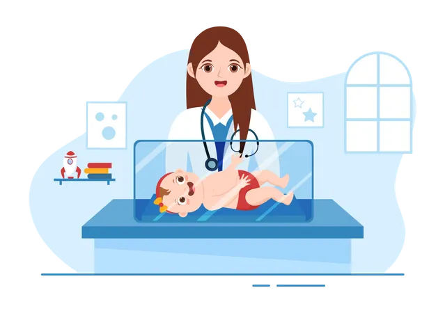 Pediatrician Examines Sick Kids And Baby For Medical Development Vaccination And Treatment In Flat Cartoon Hand Drawn Templates Illustration Illustration