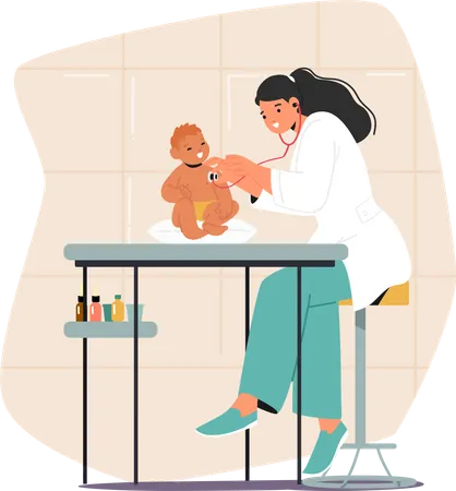 Pediatrician Female Checks Baby Heartbeat With Stethoscope  Illustration