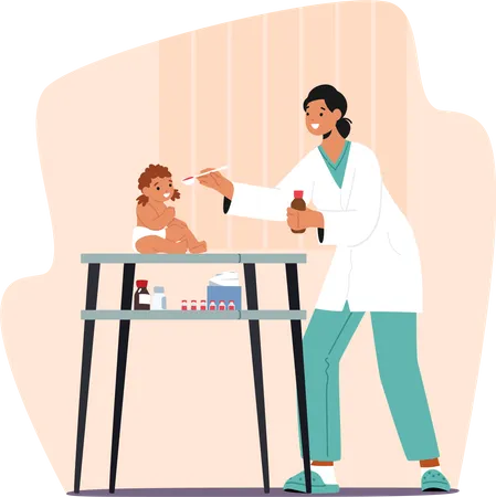 Pediatrician Female Character Examines Babys Health Prescribes Medication According To Symptoms Age And Weight Administers Medicine To Baby Orally Cartoon People Vector Illustration Illustration