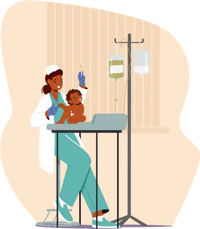 Pediatrician Female Character Prepares Medicine And Syringe Calms Baby Sterilizes The Injection Site Administers The Injection And Comforts The Child Cartoon People Vector Illustration Illustration