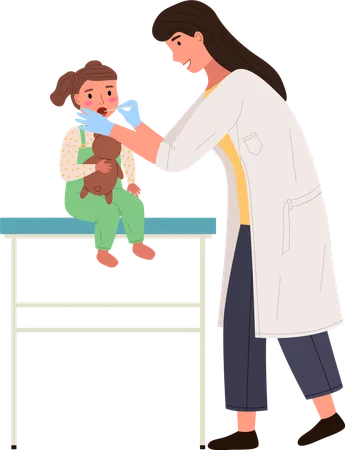 Pediatrician Looks At The Throat Of A Little Girl With A Special Device Doctor Examines Ill Child Cartoon Female Character Holding A Teddy Bear At Appointment With Doctor Physician Works At Clinic Illustration
