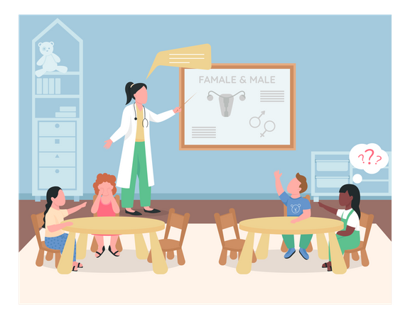 Pediatrician teaching preschool kids  Illustration