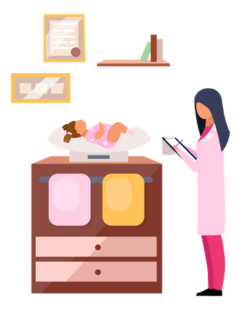 Pediatrician weighting newborn  Illustration