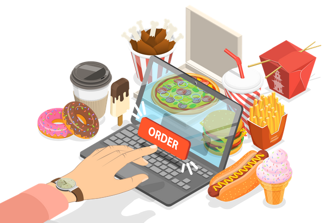 Pedido de comida online usando aplicativo de comida  Ilustração