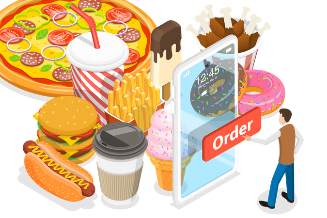 Pedido de comida on-line usando celular do restaurante  Ilustração