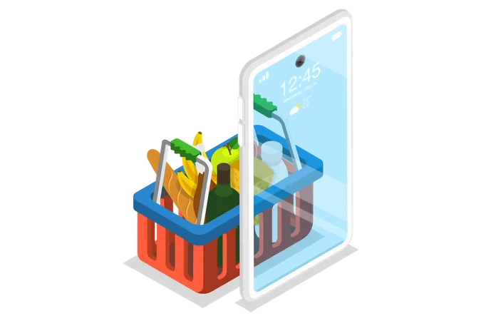 Aplicativo móvel para pedidos de mercearia, serviço de entrega de comida on-line  Ilustração