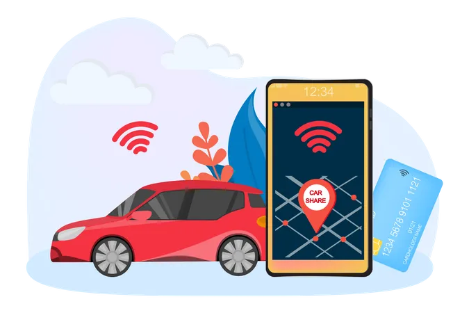Solicitar coche a través de la aplicación móvil  Ilustración