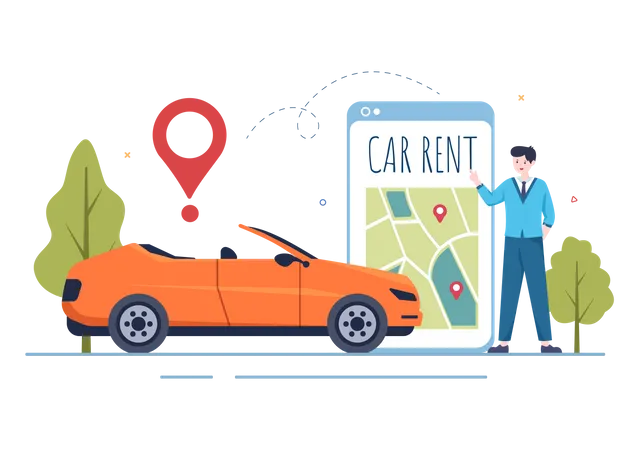 Solicite un coche de alquiler a través de la aplicación móvil  Ilustración