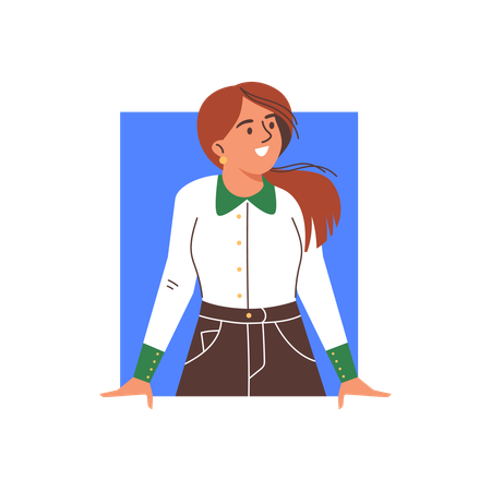 Peeping woman against a rectangular blue frame  Illustration