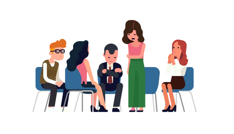 Peer support group or therapy class with men and women sitting round listening to each other's stories and life problems  Illustration
