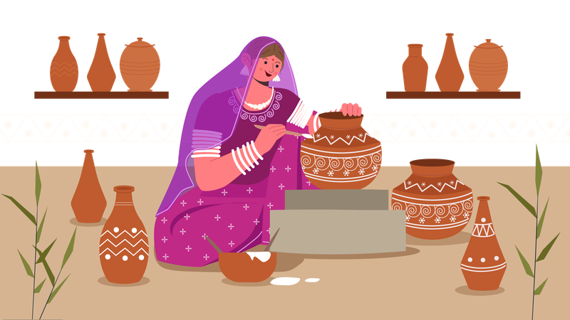 Femme indienne peignant un pot en argile  Illustration