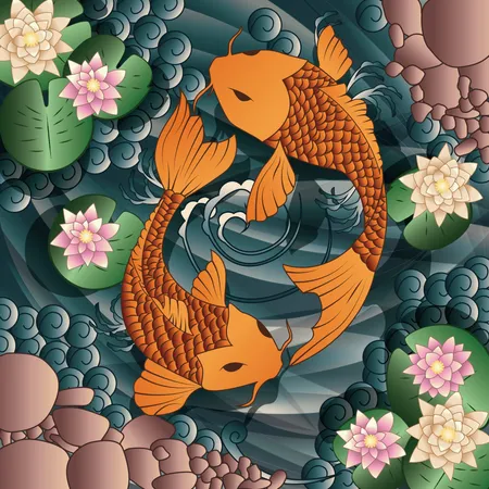 Peixe carpa Koi nadando em um lago com nenúfares  Ilustração